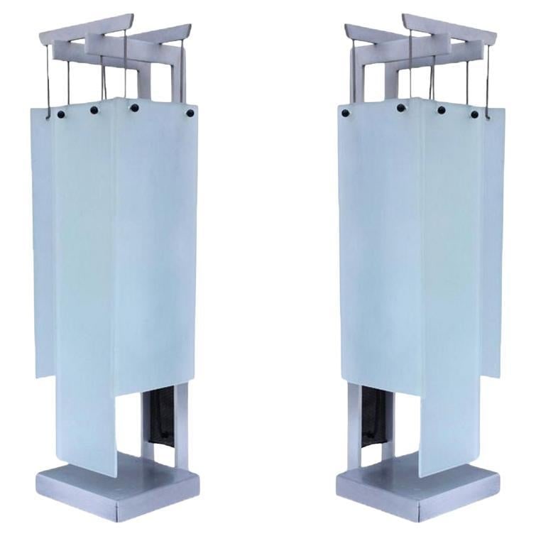 George Kovacs Architectural Aluminum Table Lamp - Pair: Title: George Kovacs Architectural Aluminum Table Lamp - Pair Description: Stunning 1990s Architectural aluminum with suspended frosted glass panels table lamp by George Kovacs. One lamp has a Small