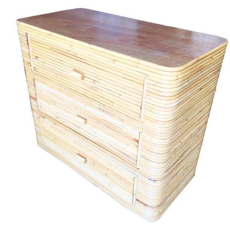 Restored Stacked Stcik Reed Rattan Lowboy Dresser With Mahogany Top: Title: Restored Stacked Stcik Reed Rattan Lowboy Dresser With Mahogany Top Description: This beautifully restored Paul Frankl-inspired late mid-century Stacked reed rattan Low Boy dresser with a
