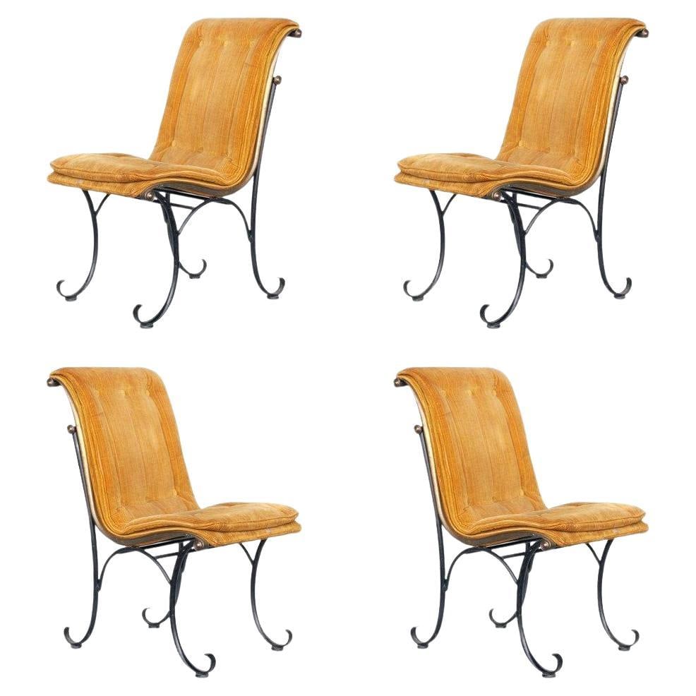 Regency Side Chairs with Bronze Accents by Russel Woodard, Set: Title: Regency Side Chairs with Bronze Accents by Russel Woodard, Set Description: Elegant Mid-century set of four iron Hollywood Regency/Mid-century style side chairs with bronze scrollwork accents,