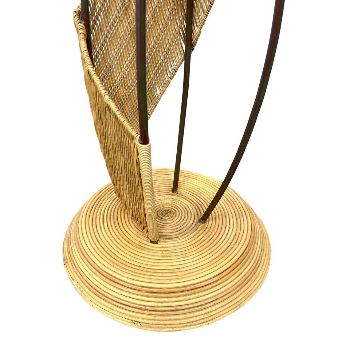 Mid-Century Woven Wicker & Iron Sculptural Coat Rack w/ Reed Pencil Rattan Base - 19