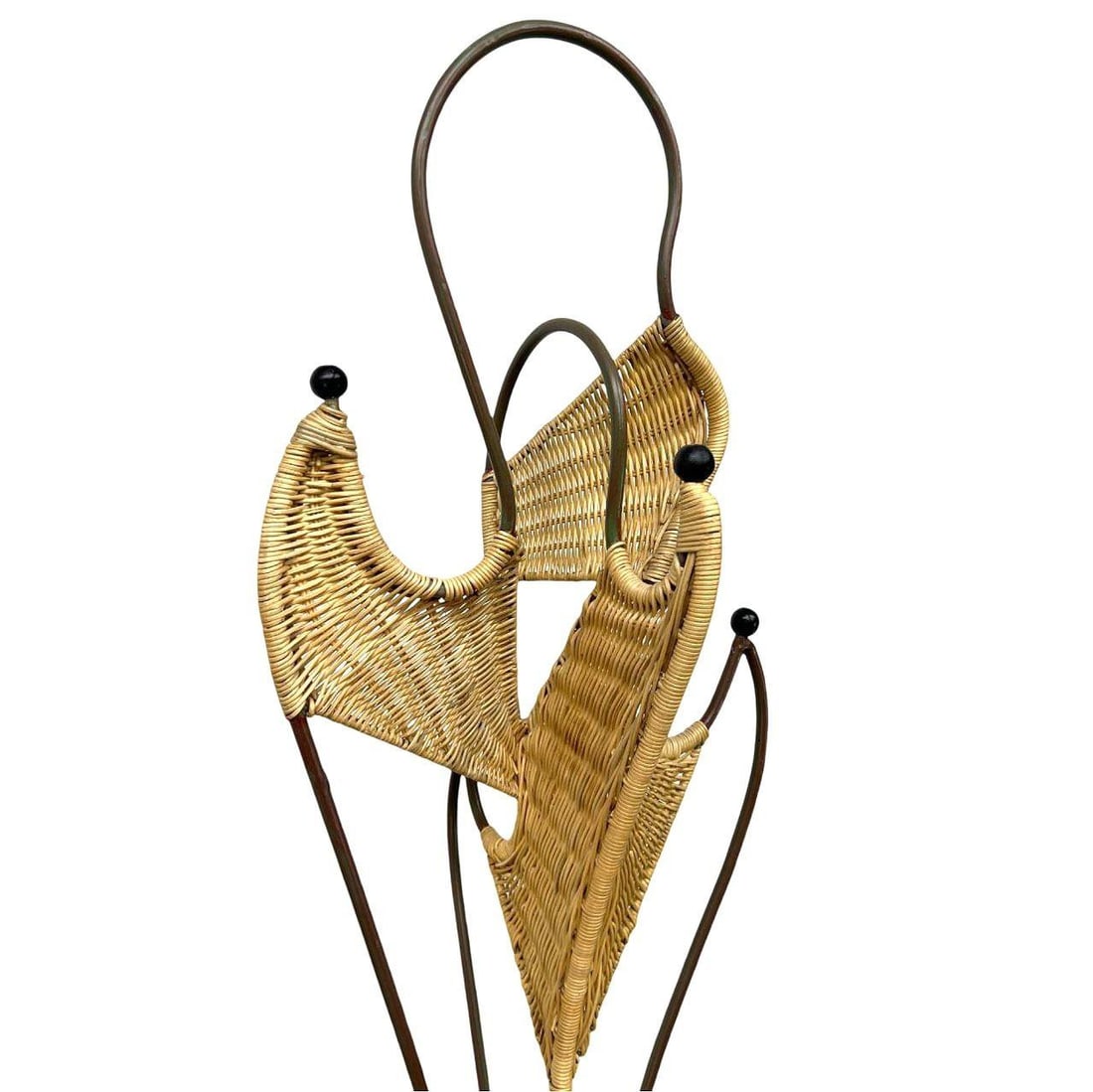 Mid-Century Woven Wicker & Iron Sculptural Coat Rack w/ Reed Pencil Rattan Base - 2