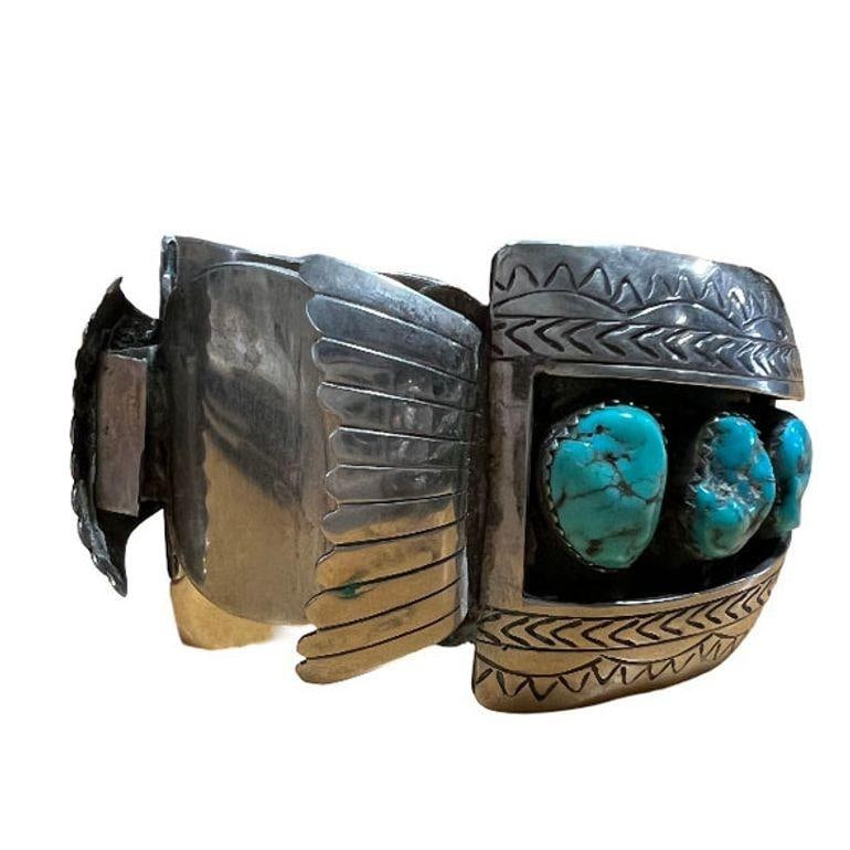 Silver Navajo Watchband Cuff w/ Bisbee Torqouise, Hyson Craig Style - 4