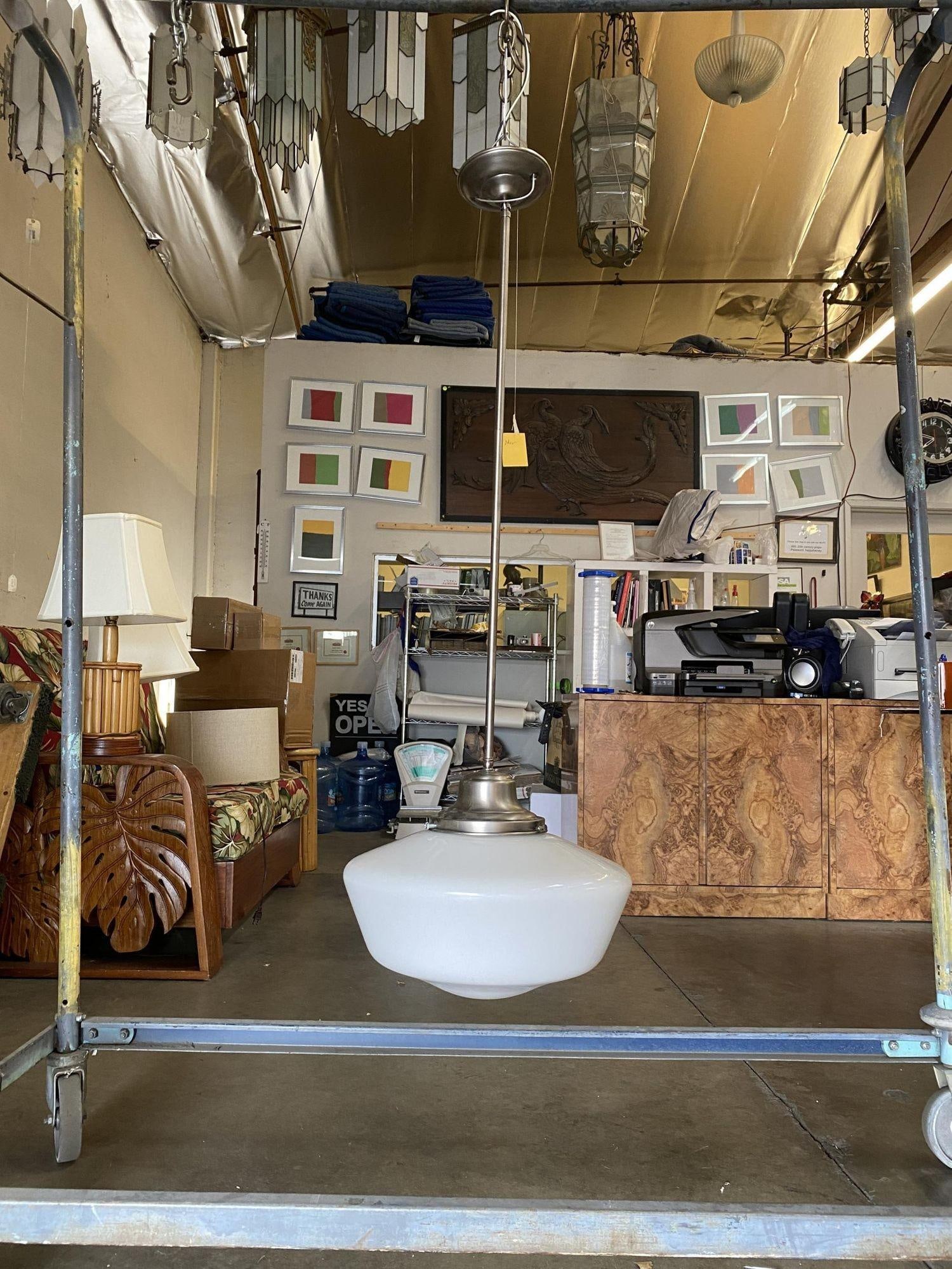 1930s Art Deco Ceiling Pendant With School House Glass Globe - 18