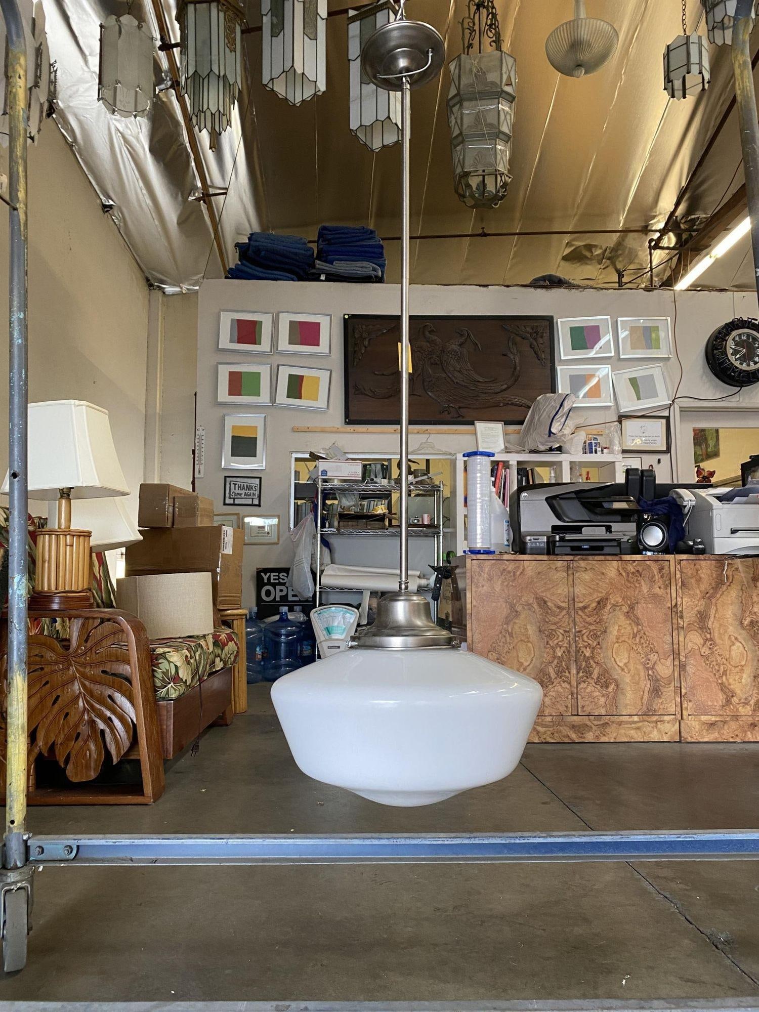 1930s Art Deco Ceiling Pendant With School House Glass Globe - 9