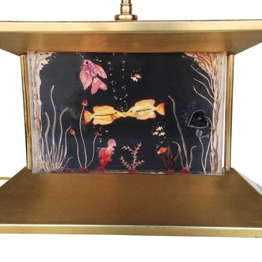 Mid-Century Brass Aquarium Light Up Lamp w/ Shade - 9