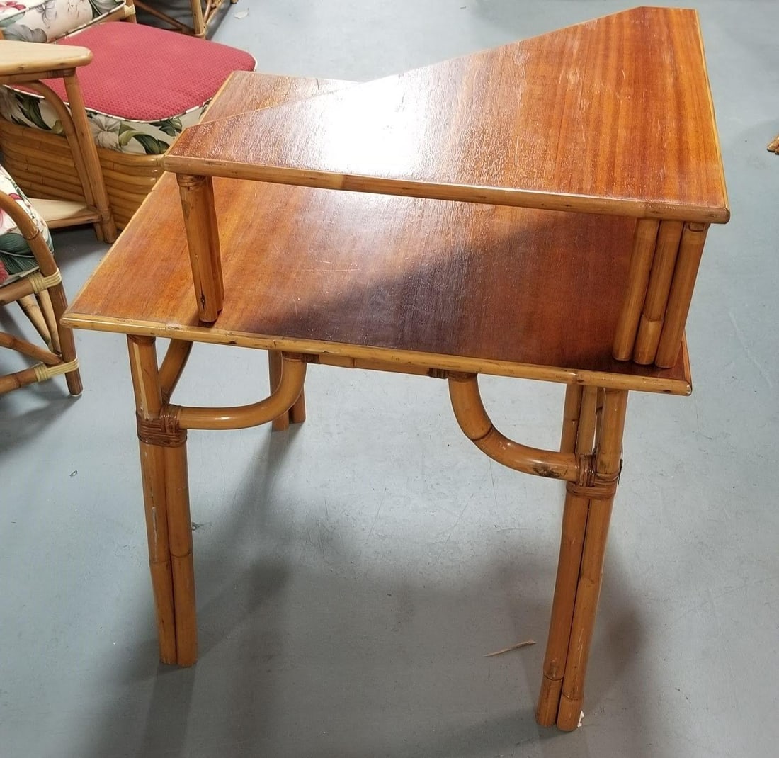 Restored Rattan 2-Tiered Corner Table or Desk - 9