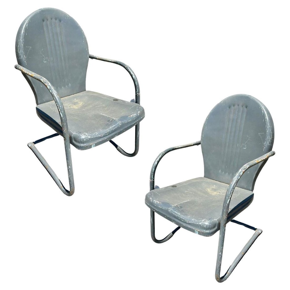 Mid-century Steel Round Streamline Springer Patio Outdoor Lounge Chair, Pair: Title: Mid-century Steel Round Streamline Springer Patio Outdoor Lounge Chair, Pair Description: Steel Mid-century Springer Outdoor grey enamel Lounge Chair Set of Two. Each chair features a round tub