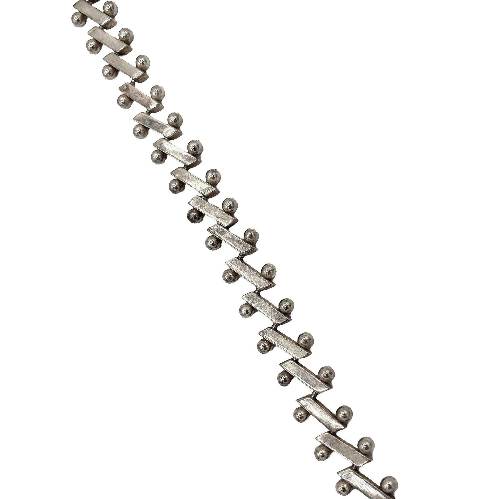 Mid-Century Heavy 925 Sterling Silver "Zig-Zag" Nuts Balls Links Bar Bracelet - 16