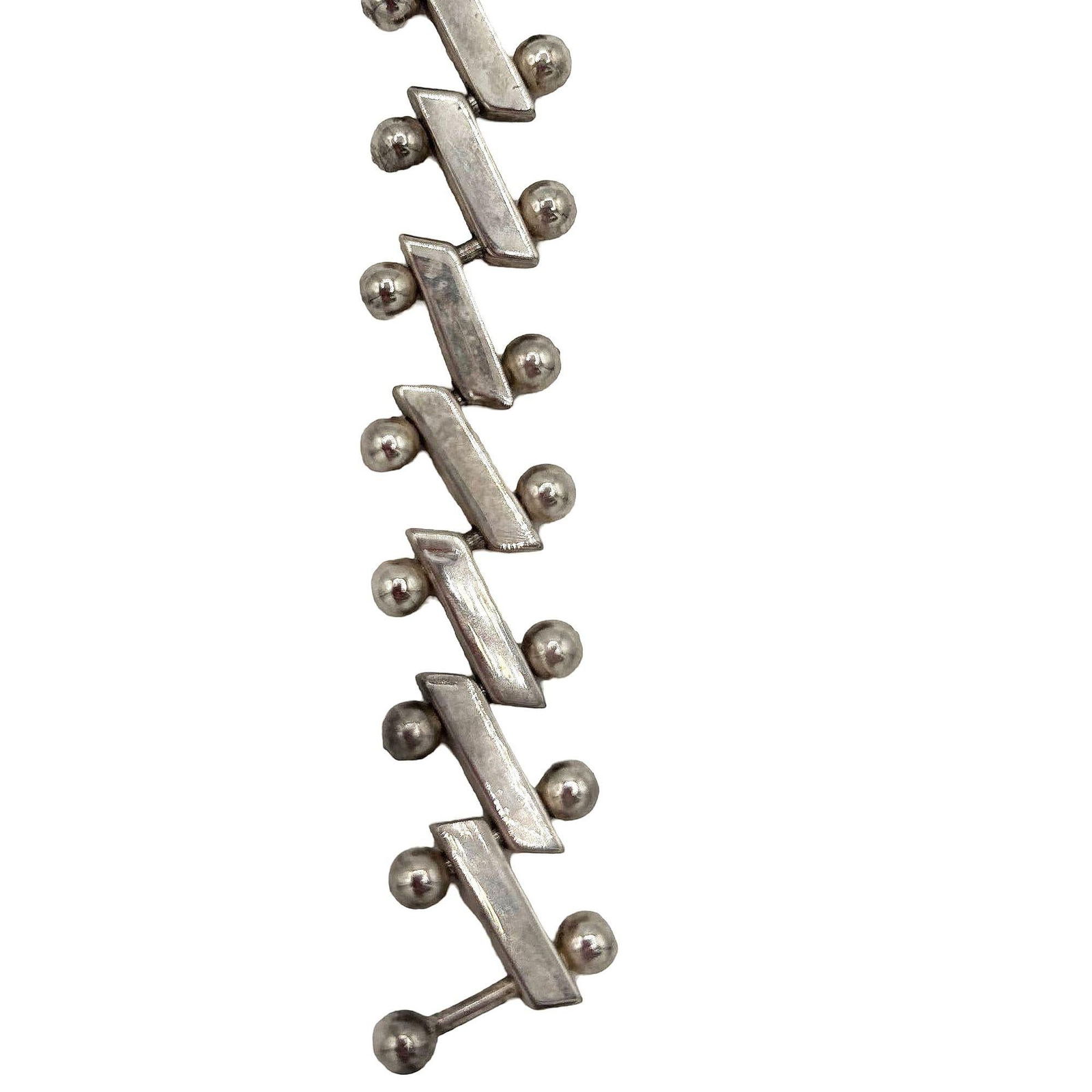 Mid-Century Heavy 925 Sterling Silver "Zig-Zag" Nuts Balls Links Bar Bracelet - 20
