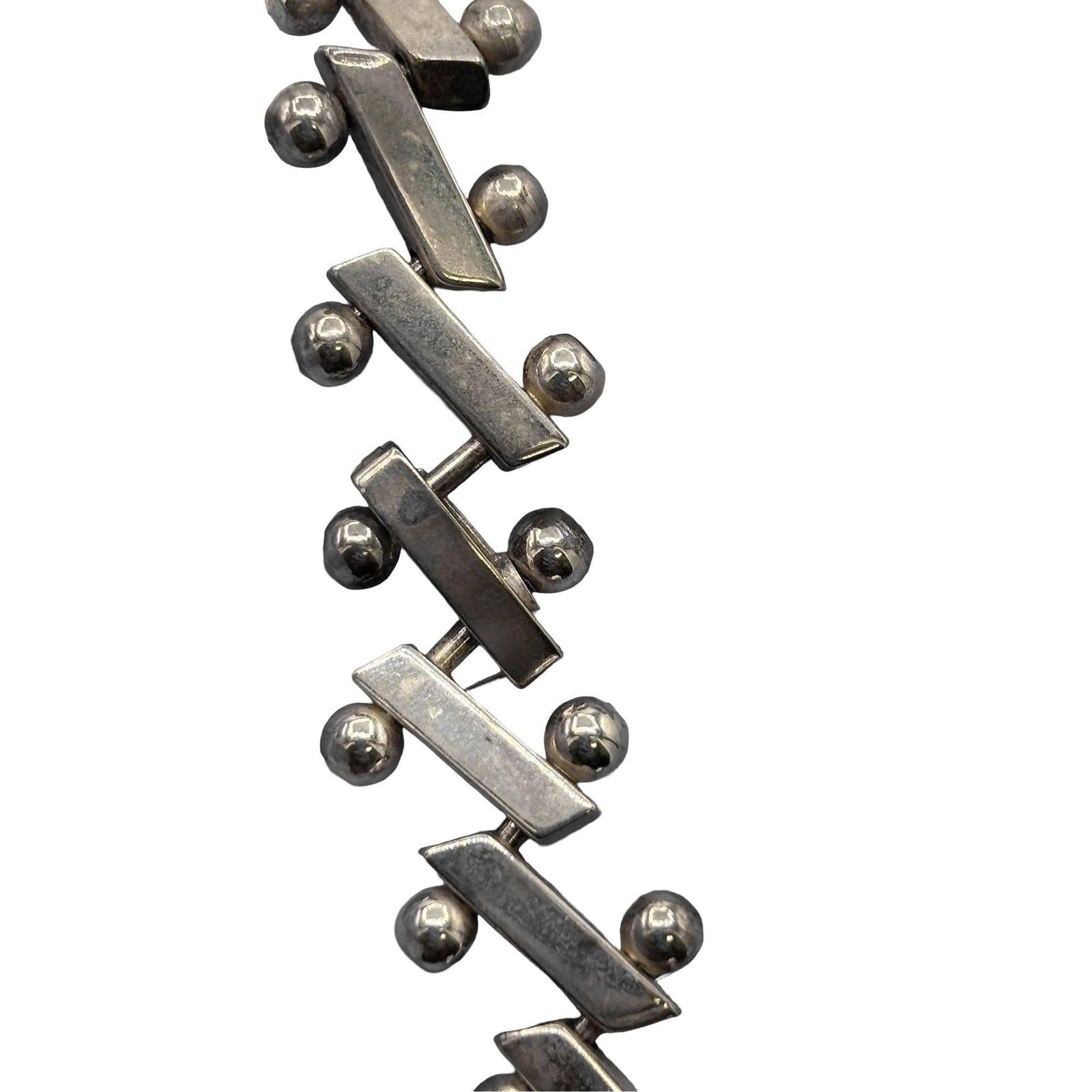 Mid-Century Heavy 925 Sterling Silver "Zig-Zag" Nuts Balls Links Bar Bracelet - 5