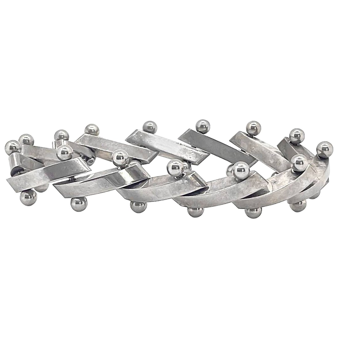 Mid-Century Heavy 925 Sterling Silver "Zig-Zag" Nuts Balls Links Bar Bracelet - 7