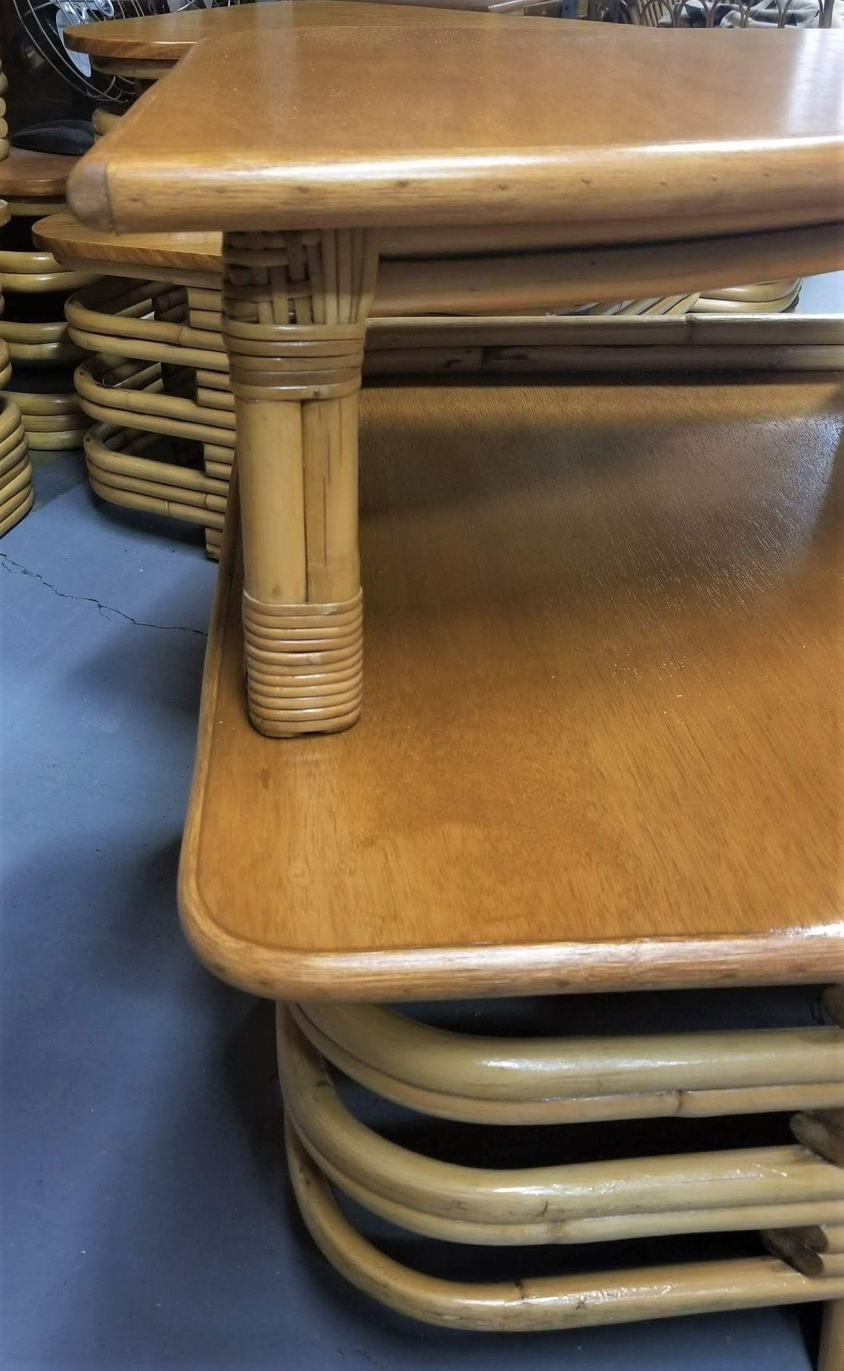 Restored Ratan and Mahogany Two-Tiered Corner Table with Stacked Rattan Base - 4