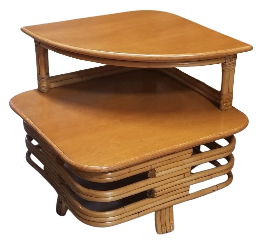 Restored Ratan and Mahogany Two-Tiered Corner Table with Stacked Rattan Base - 9