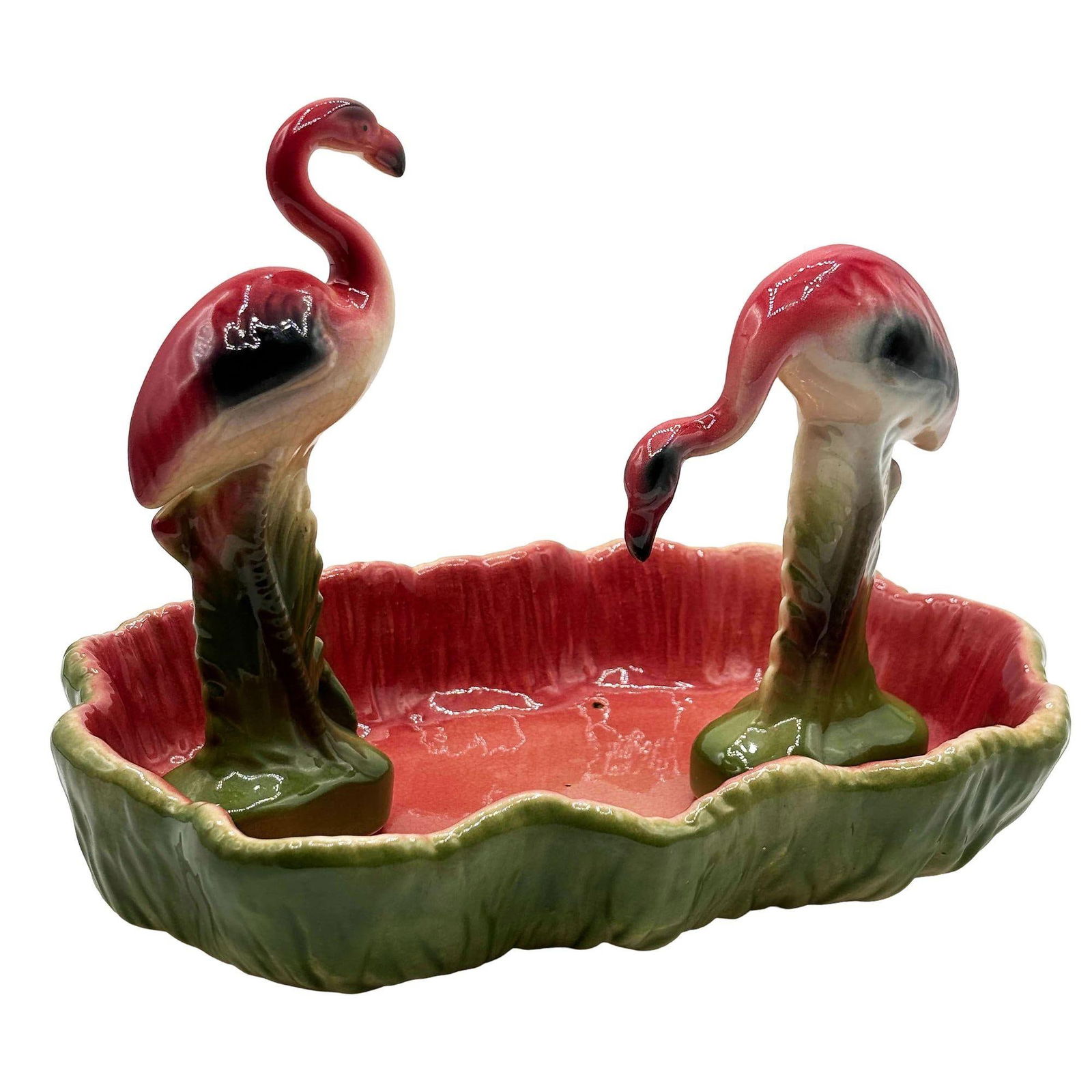 MCM California Pottery Ceramic Flamingo Figurine Set w/ Tropical Pond Tray - 10