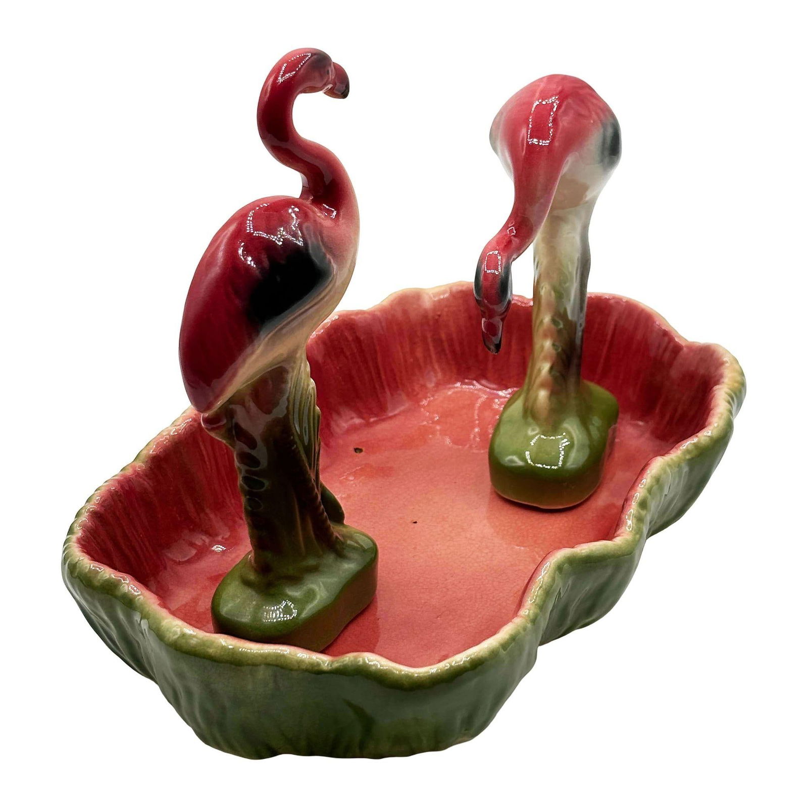 MCM California Pottery Ceramic Flamingo Figurine Set w/ Tropical Pond Tray - 11