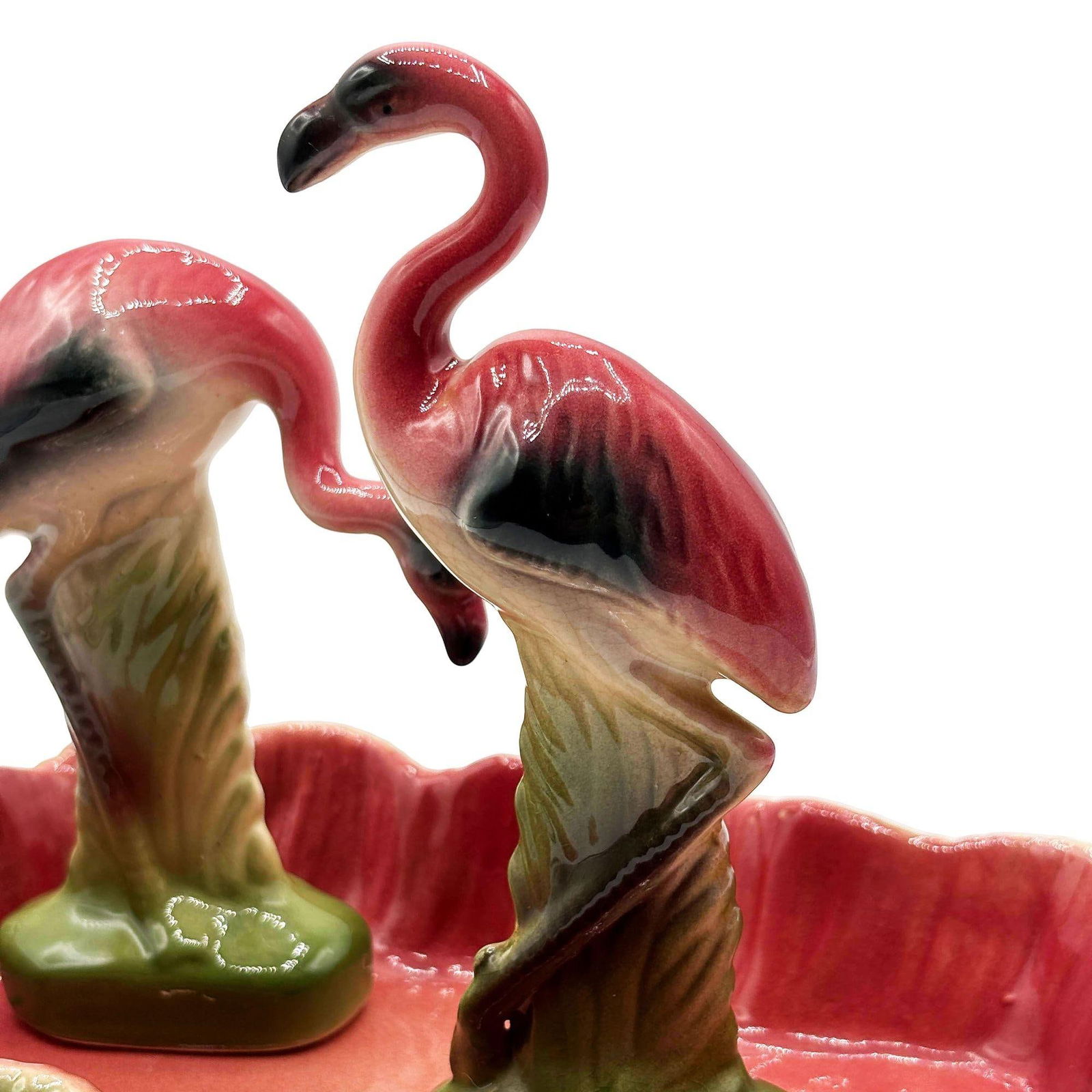 MCM California Pottery Ceramic Flamingo Figurine Set w/ Tropical Pond Tray - 13