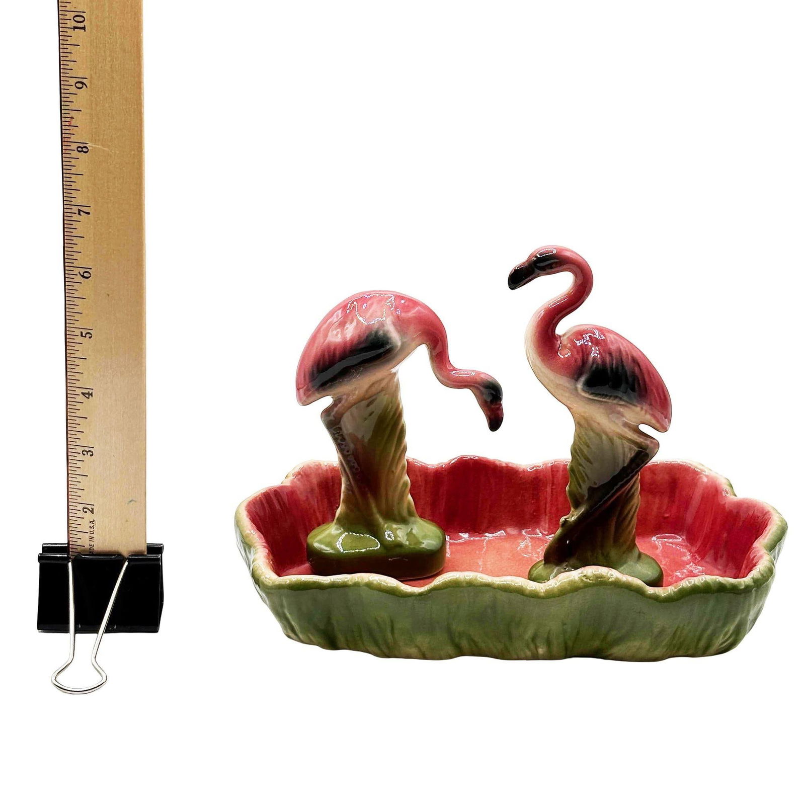 MCM California Pottery Ceramic Flamingo Figurine Set w/ Tropical Pond Tray - 6