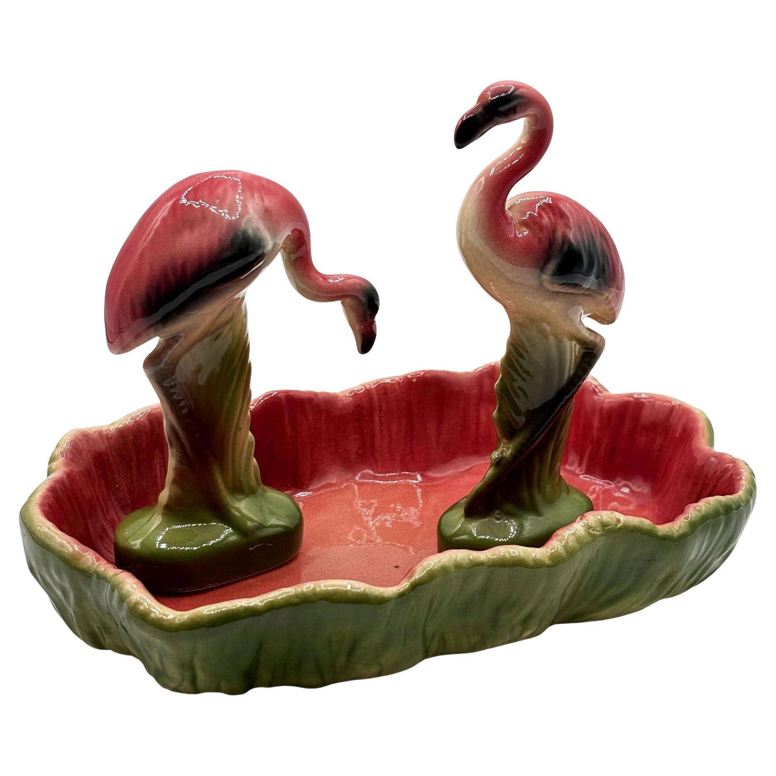 MCM California Pottery Ceramic Flamingo Figurine Set w/ Tropical Pond Tray - 7