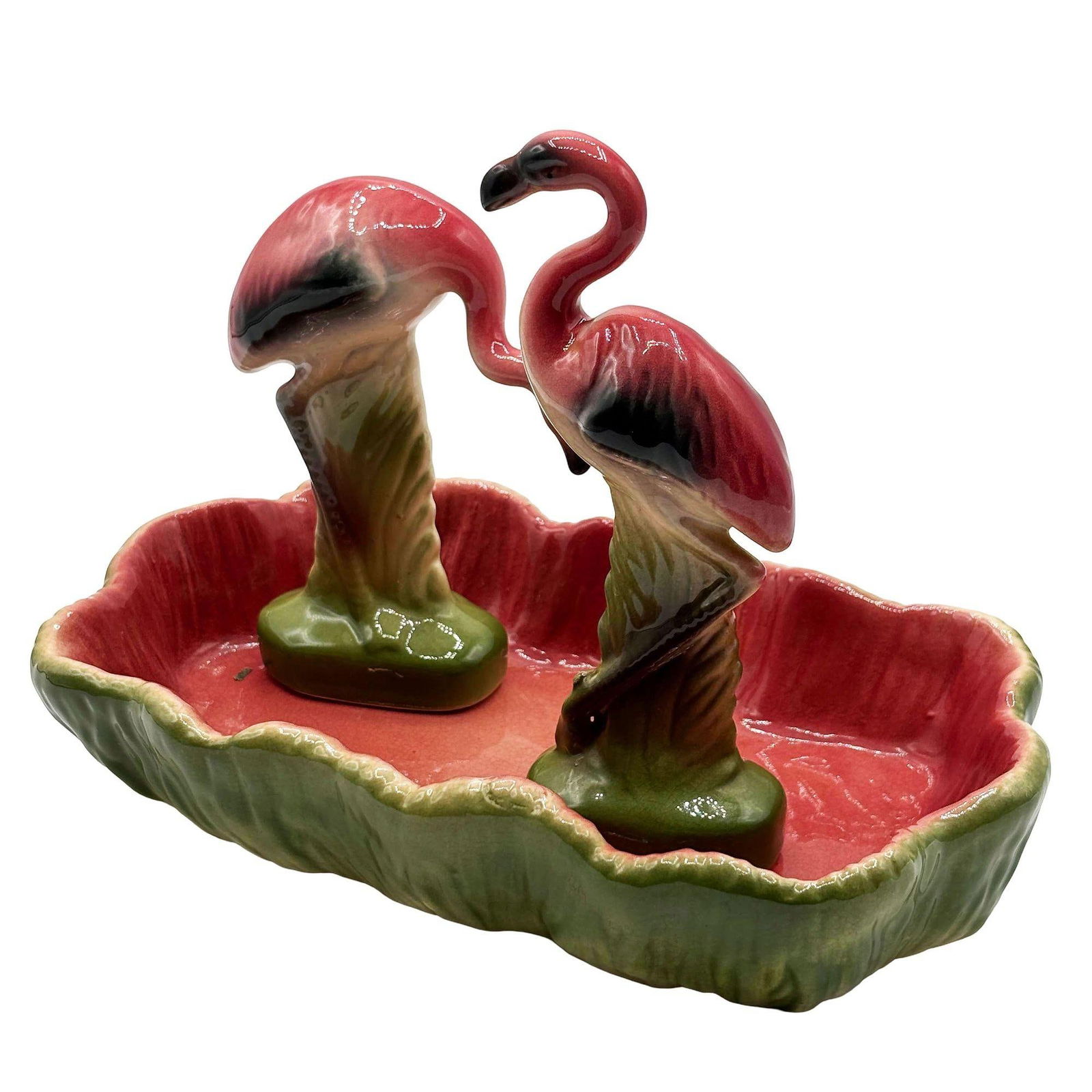 MCM California Pottery Ceramic Flamingo Figurine Set w/ Tropical Pond Tray - 9