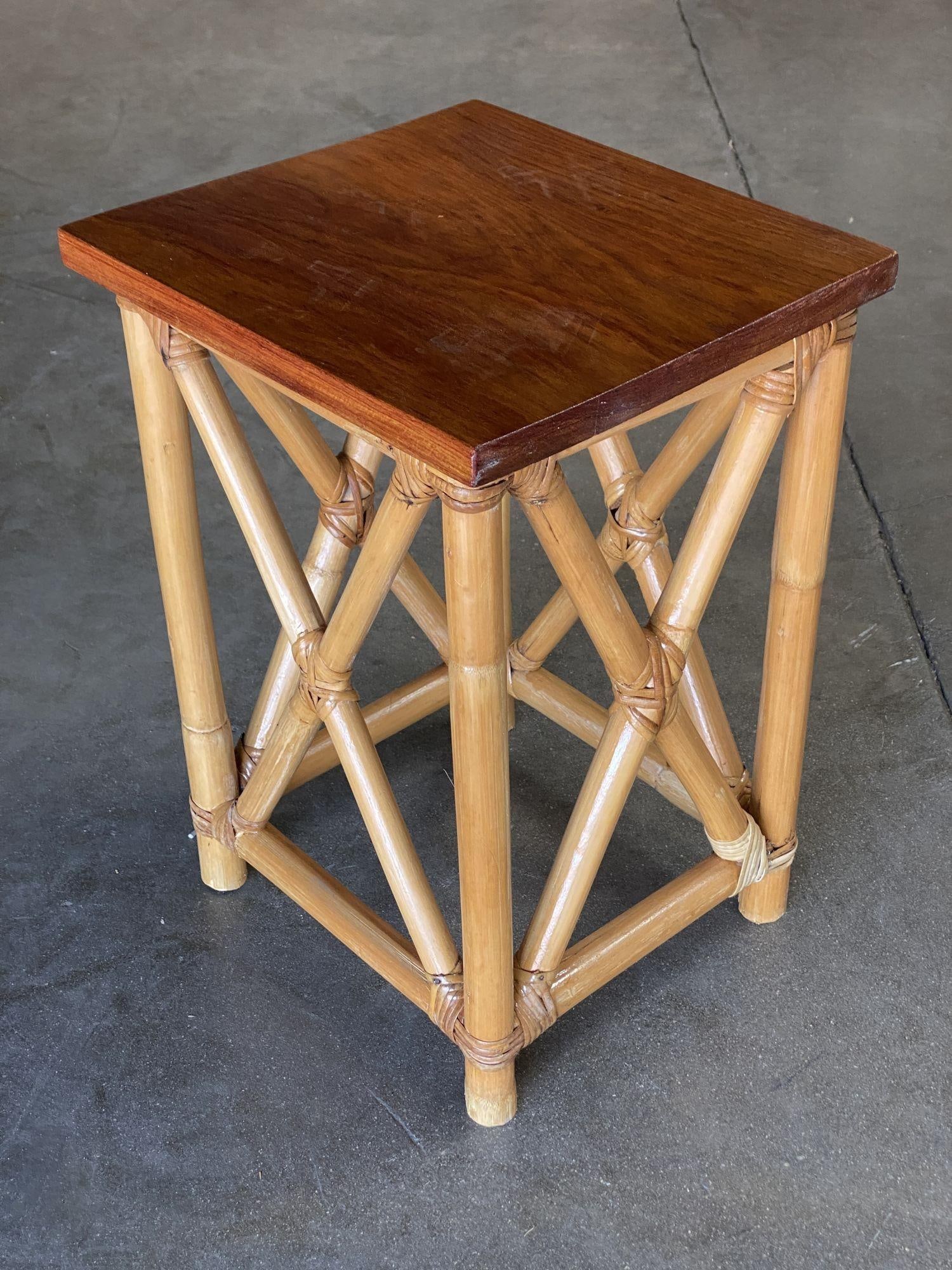 Restored Set of 3 Rattan Nesting X Side Tables with Mahogany Top - 11