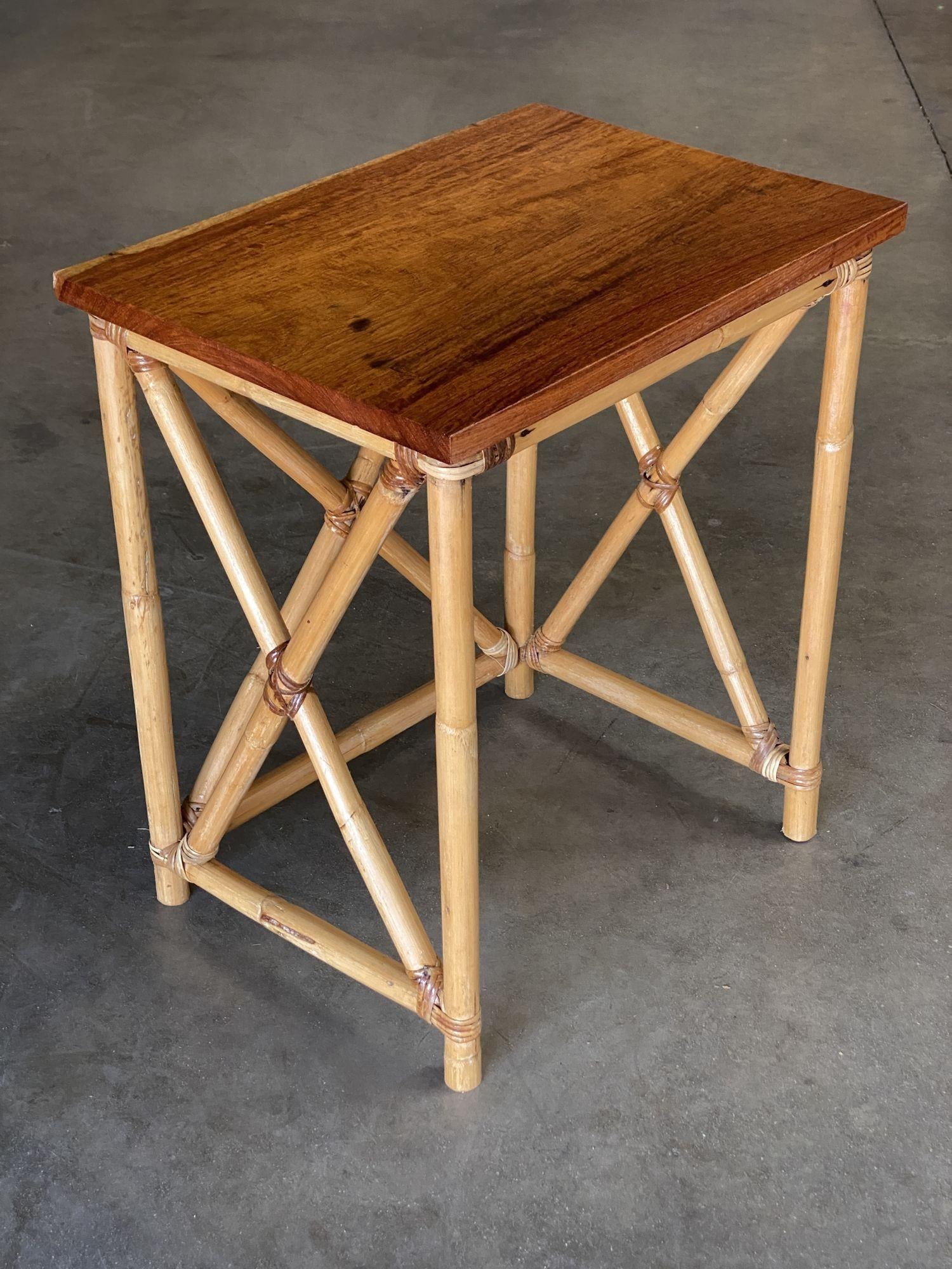 Restored Set of 3 Rattan Nesting X Side Tables with Mahogany Top - 2
