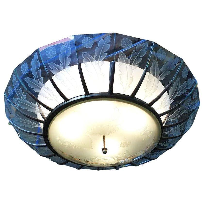 Modernist Tropical Etched Slat Glass Bowl Bronze Chandelier - 19