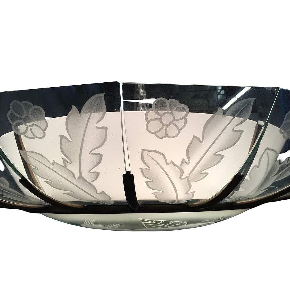 Modernist Tropical Etched Slat Glass Bowl Bronze Chandelier - 2