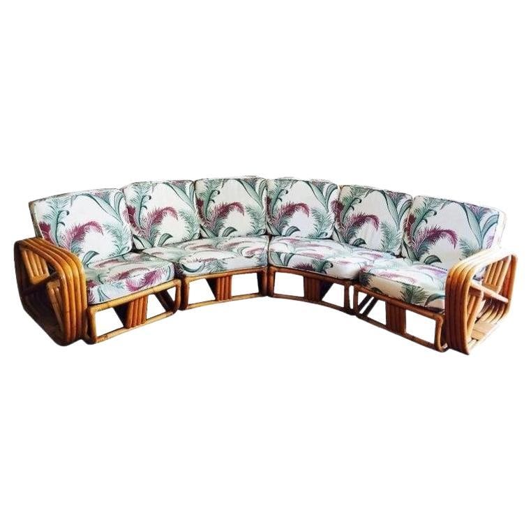 Restored 4-Strand Square Pretzel Rattan Corner Sectional Sofa for Six by Ritts: Title: Restored 4-Strand Square Pretzel Rattan Corner Sectional Sofa for Six by Ritts Description: Original Mid-Century Four-strand square pretzel rattan Corner Sectional sofa with six seats. This sof