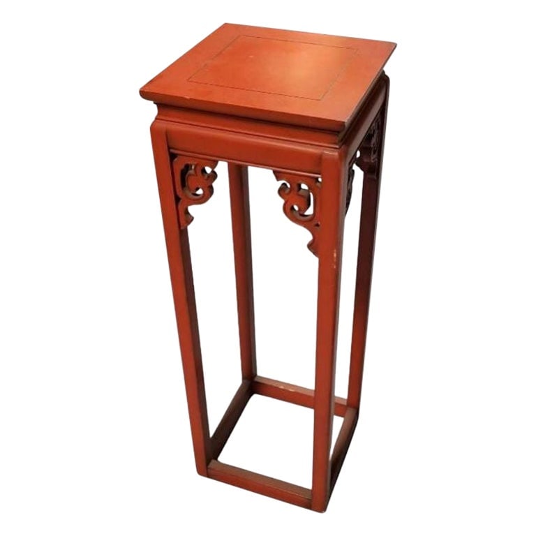 Red Ornate Pedestal Table in the Style Ming/Quing Style: Title: Red Ornate Pedestal Table in the Style Ming/Quing Style Description: Red painted wood pedestal table with ornate details in the style of the Chinese Ming and Qing dynasty fits right in in any
