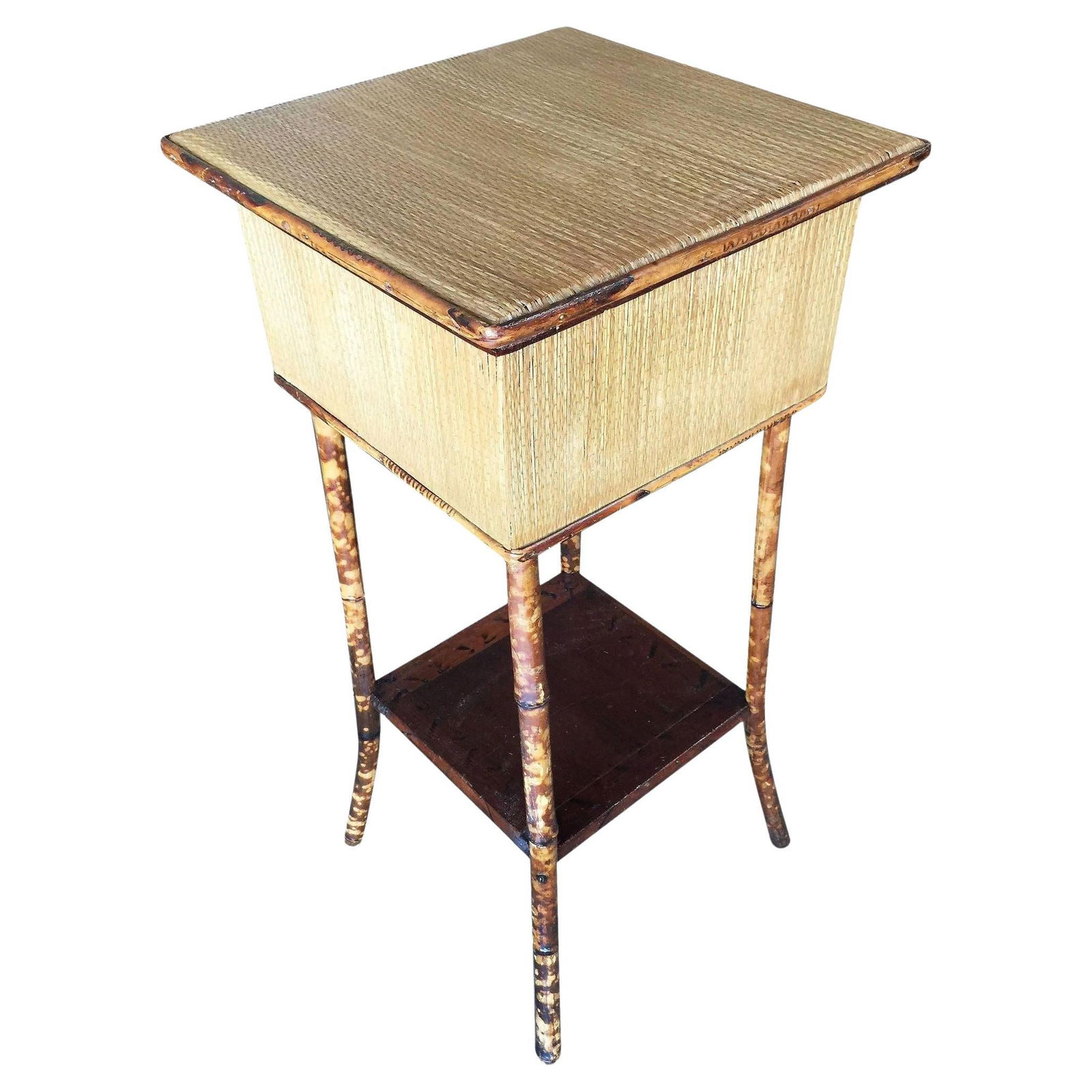 Restored Tiger Bamboo Tortoise Pedestal W/ Storage Box: Title: Restored Tiger Bamboo Tortoise Pedestal W/ Storage Box Description: Antique tiger bamboo pedestal side table with rice mat top with flip-open lid storage and a secondary bottom shelf. 1950,