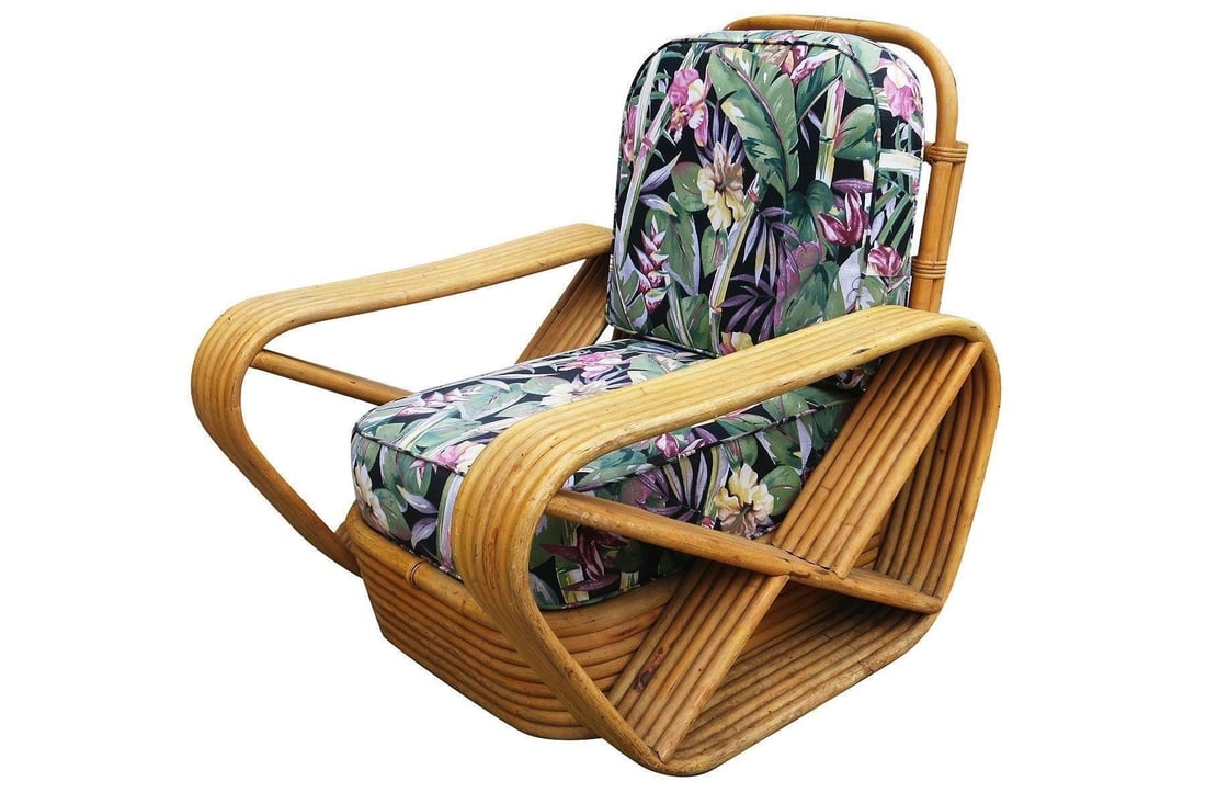 Restored Paul Frankl Style Six-Strand Square Pretzel Rattan Lounge Chair Ottoman - 17