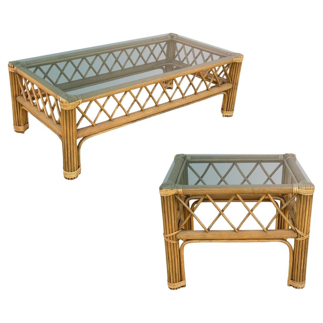 Art Deco "President" Stick Reed Rattan Coffee & Side Table set: Title: Art Deco "President" Stick Reed Rattan Coffee & Side Table set Description: The Art Deco "president" stick reed rattan fan back living room table set featuring a matching glass top coffee