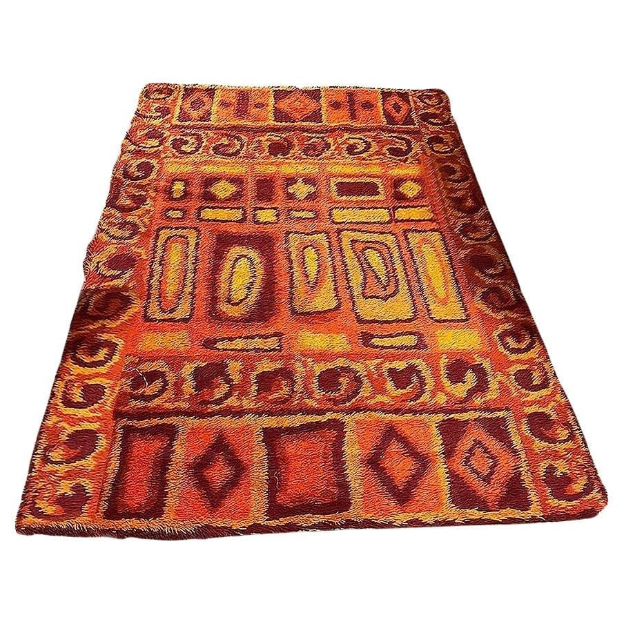 Mid-century 8' Foot Hand-Hooked Scandinavian Shag Rug w/ Abstract Design: Title: Mid-century 8' Foot Hand-Hooked Scandinavian Shag Rug w/ Abstract Design Description: Deep pile Mid-century shag area wool sag rug with abstract design in various shades and shapes of Red,