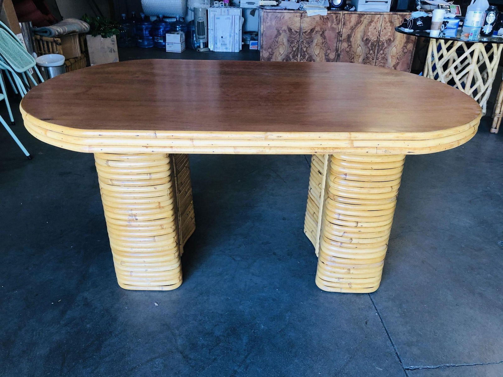 Restored Oval Stacked Rattan Dining Table W/ Mahogany Top - 12