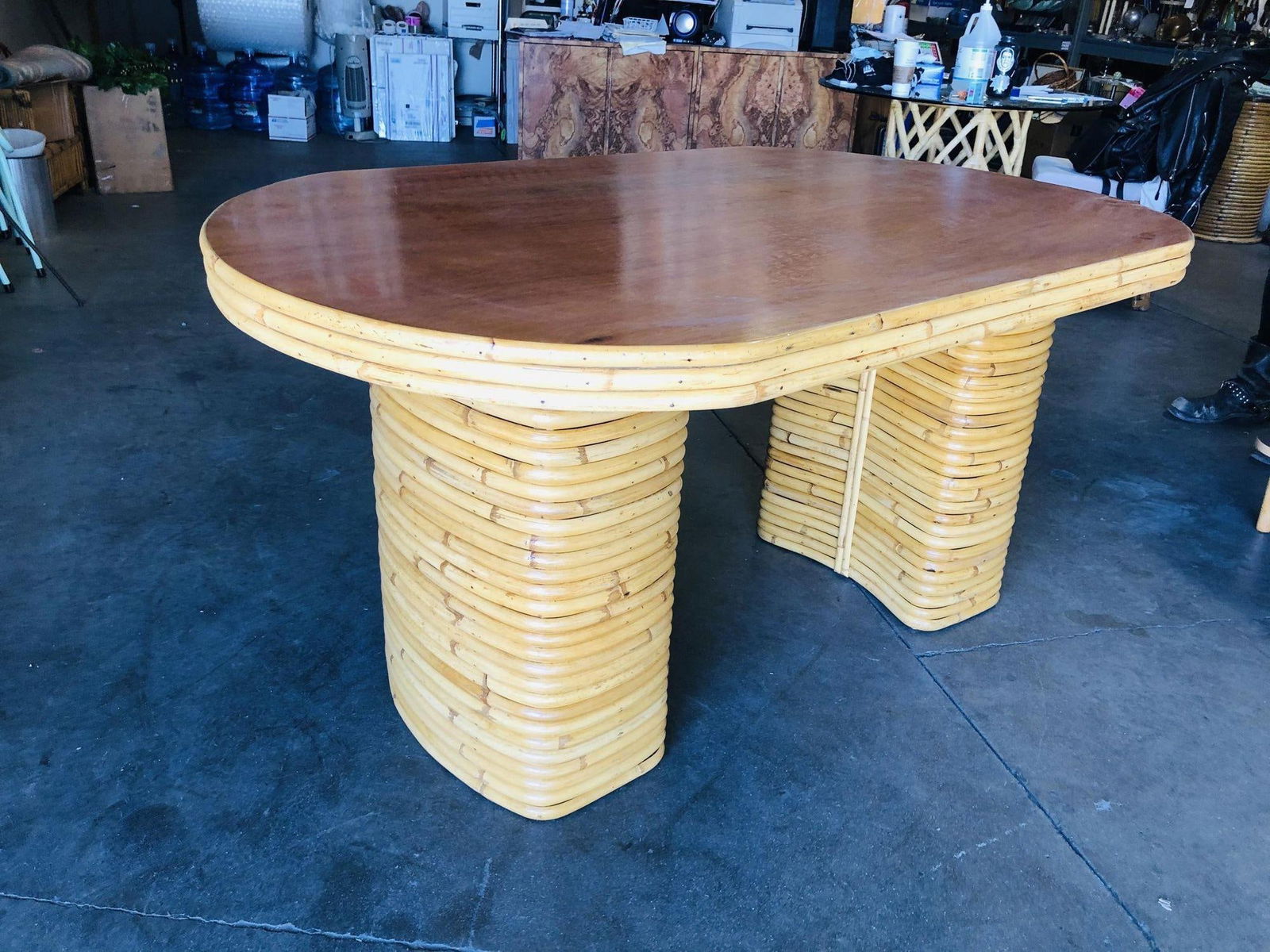 Restored Oval Stacked Rattan Dining Table W/ Mahogany Top - 16