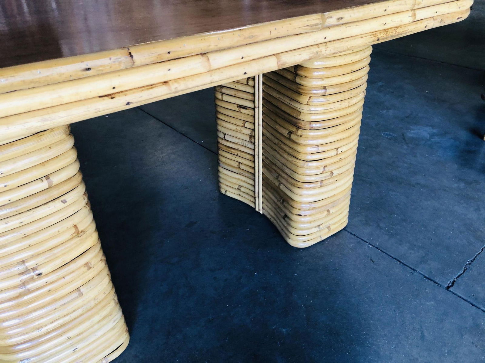 Restored Oval Stacked Rattan Dining Table W/ Mahogany Top - 4