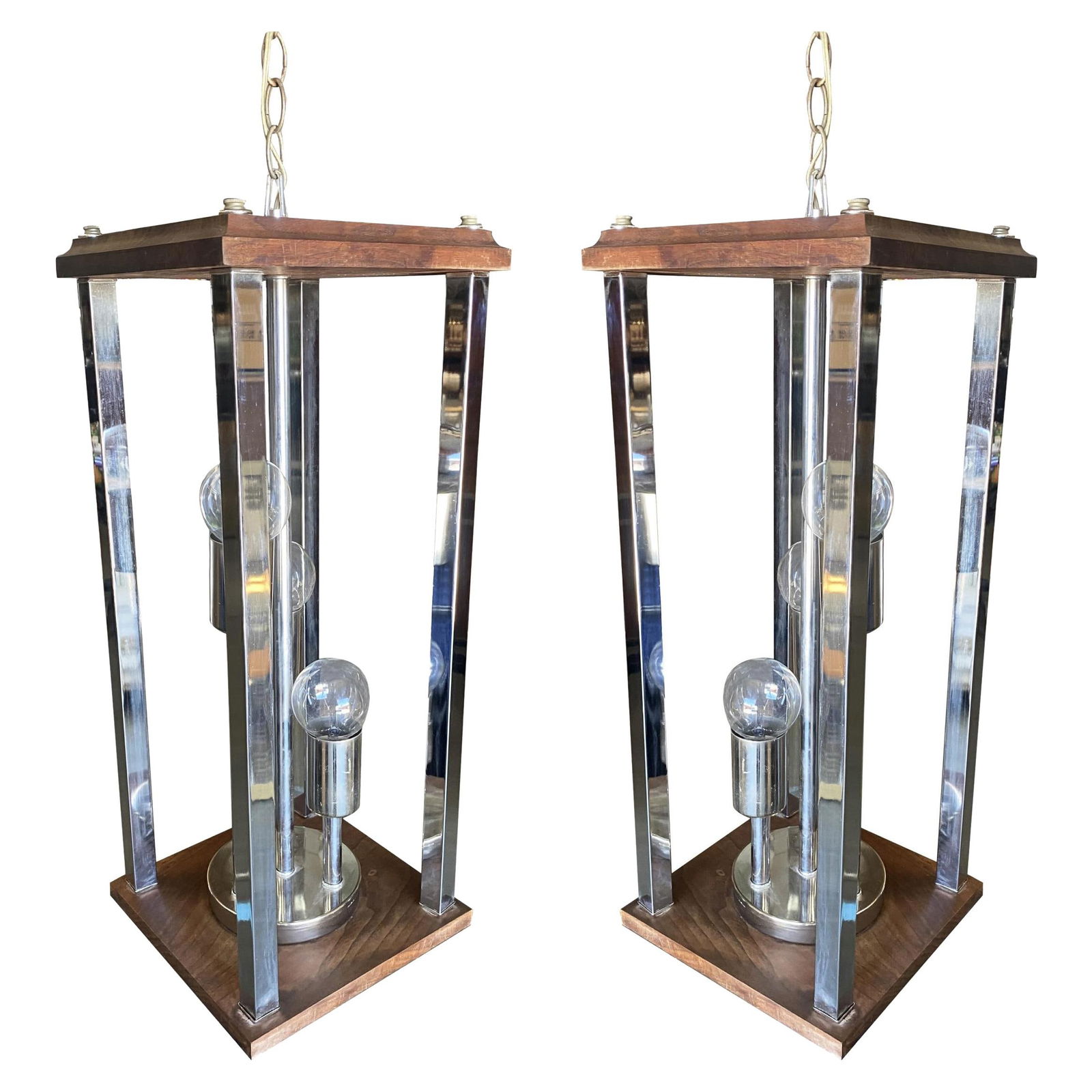 1970s Post Modern Teak and Chrome Pendant Light Fixture, Pair (1 of 20)