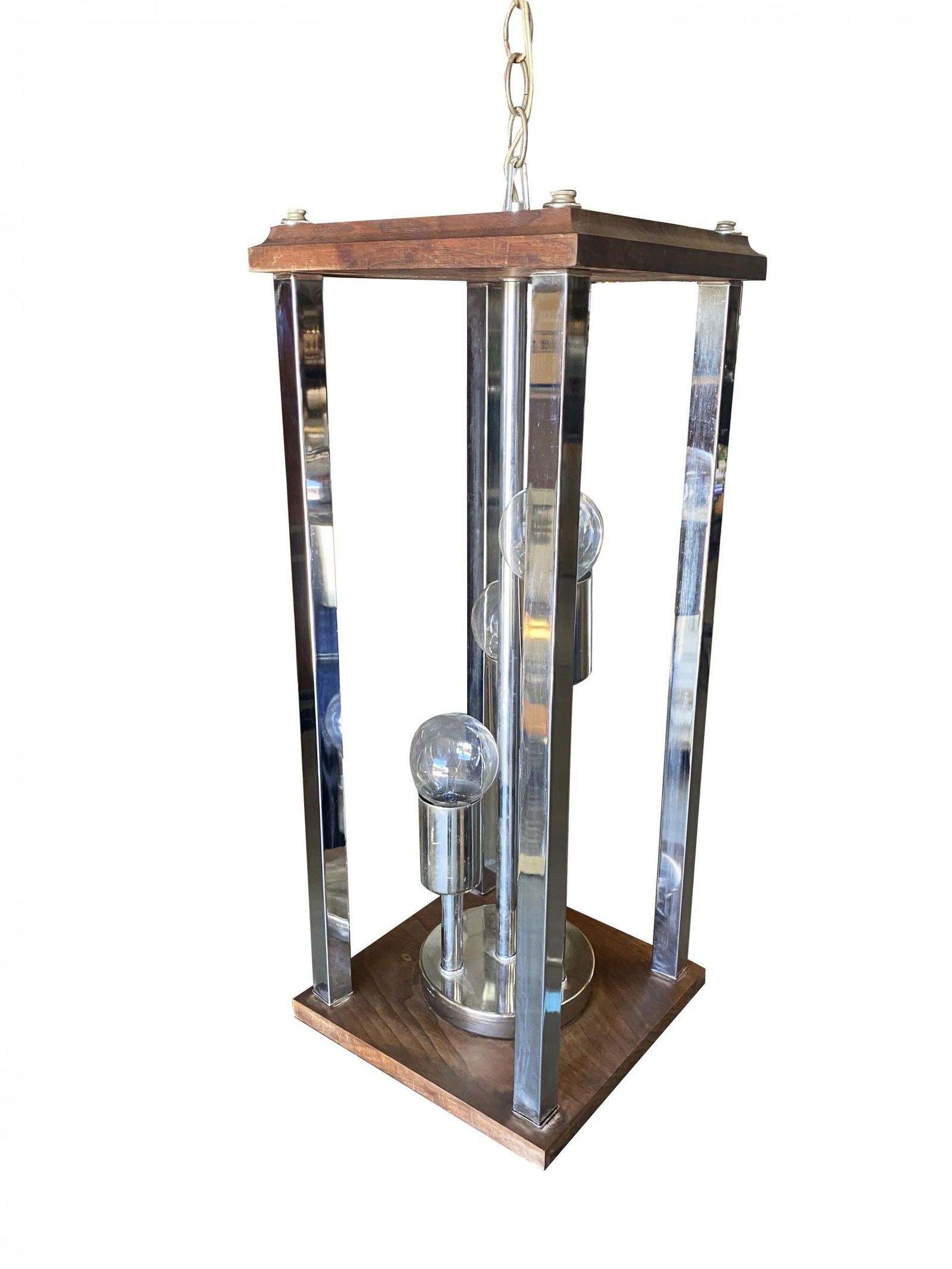 1970s Post Modern Teak and Chrome Pendant Light Fixture, Pair - 20