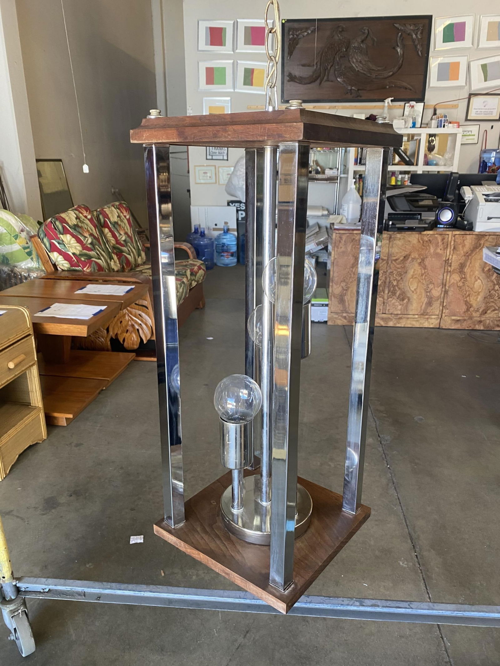 1970s Post Modern Teak and Chrome Pendant Light Fixture, Pair - 9