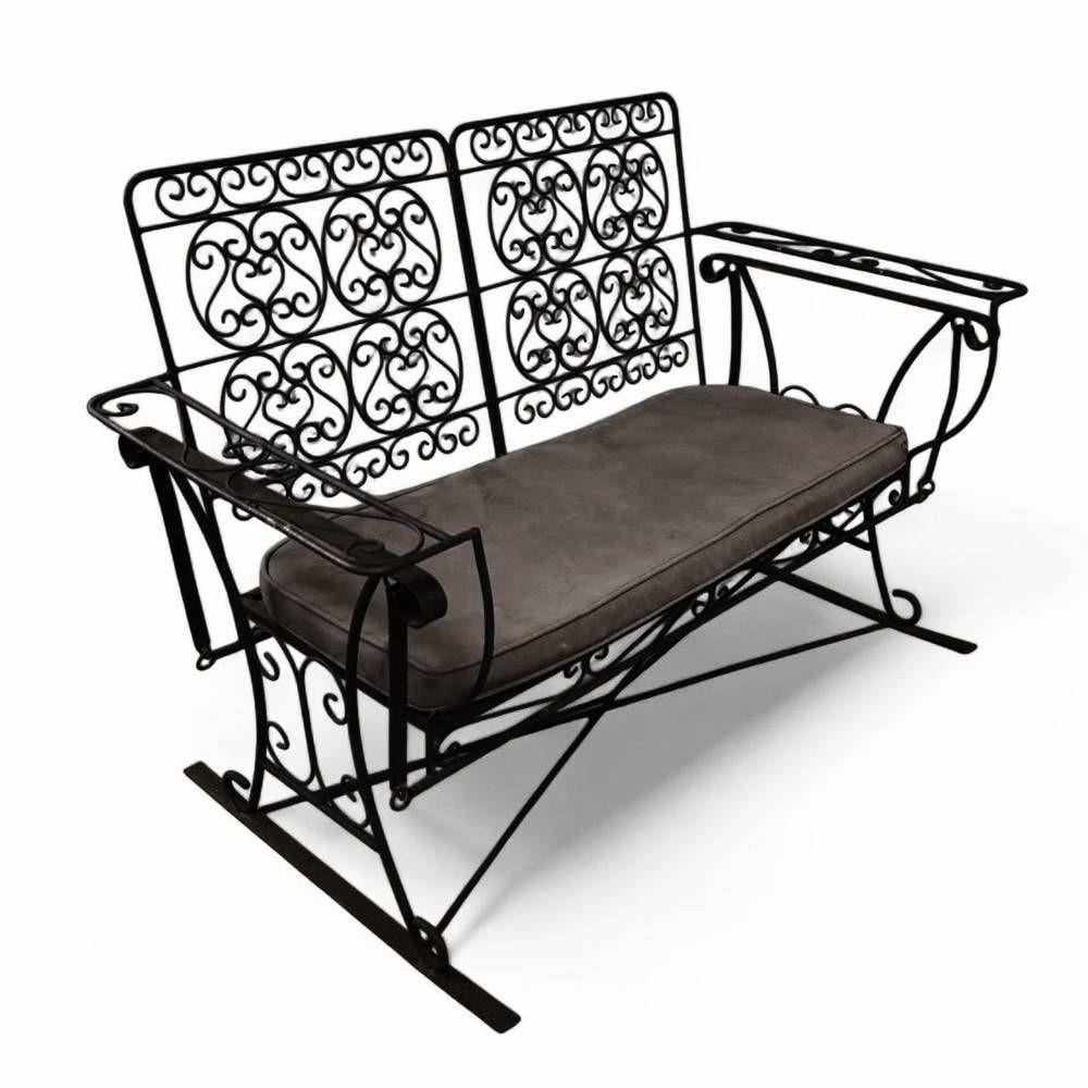 Wrought Iron Slider Rocking Chair & Settee Patio Outdoor Set w/ Scrolling Arms - 4