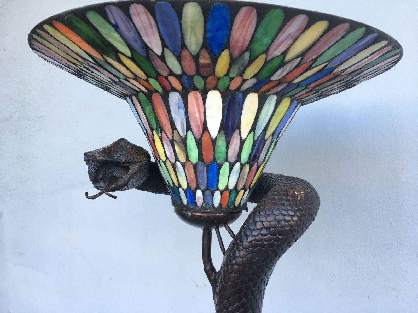 Edgar Brandt Style Bronze Snake Floor Lamp W/ Stained Glass Shade, 2 Available - 10