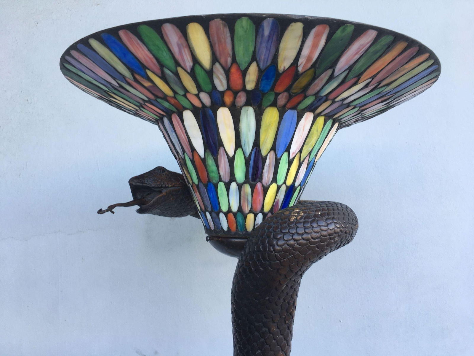 Edgar Brandt Style Bronze Snake Floor Lamp W/ Stained Glass Shade, 2 Available - 12