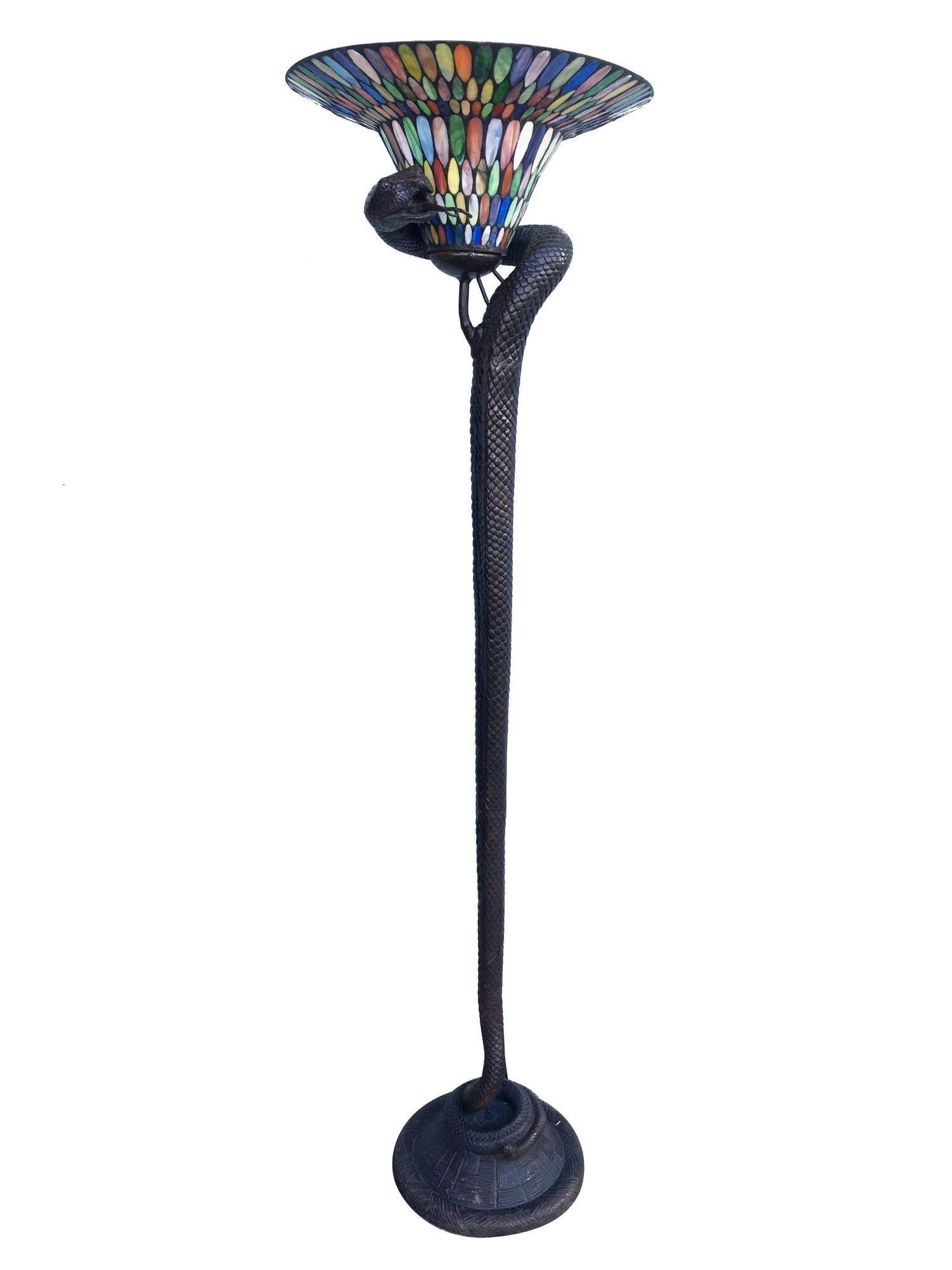 Edgar Brandt Style Bronze Snake Floor Lamp W/ Stained Glass Shade, 2 Available - 17