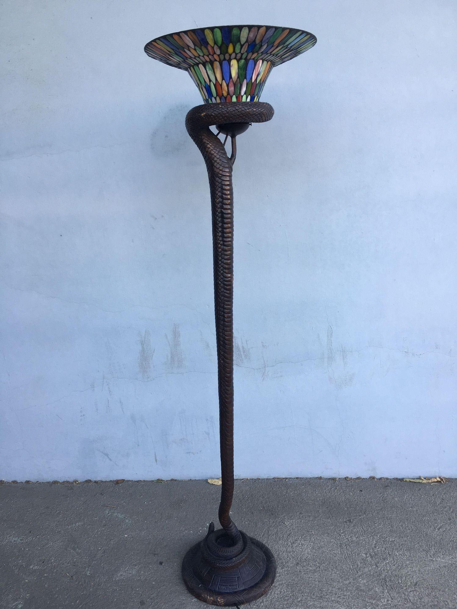 Edgar Brandt Style Bronze Snake Floor Lamp W/ Stained Glass Shade, 2 Available - 8