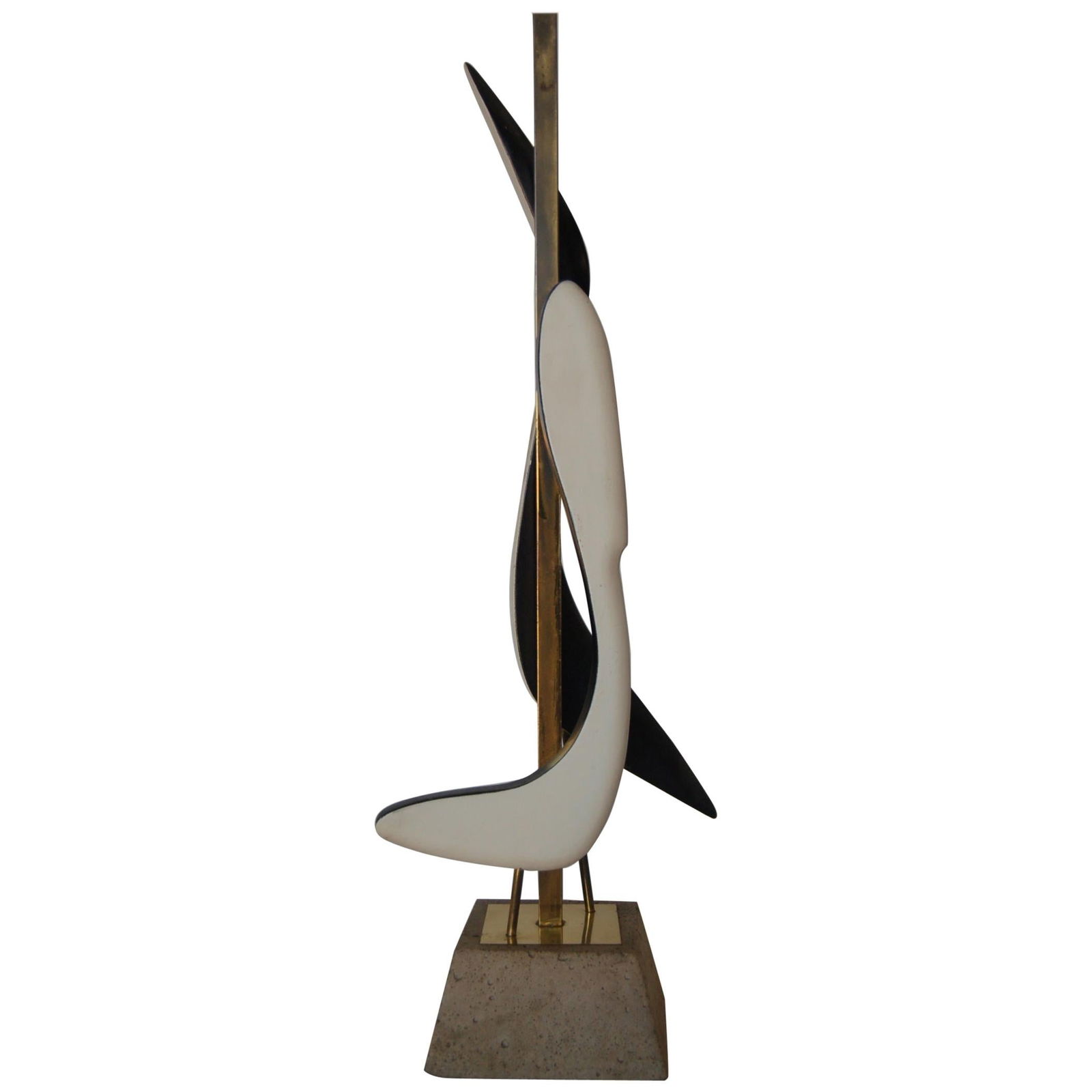 Modernist Mix-Media Brass Abstract Sculptural Table Lamp on Concrete Base: Title: Modernist Mix-Media Brass Abstract Sculptural Table Lamp on Concrete Base Description: Mid-Century Modern black and white abstract sculptural table lamp on a concrete base with brass trim. Meas