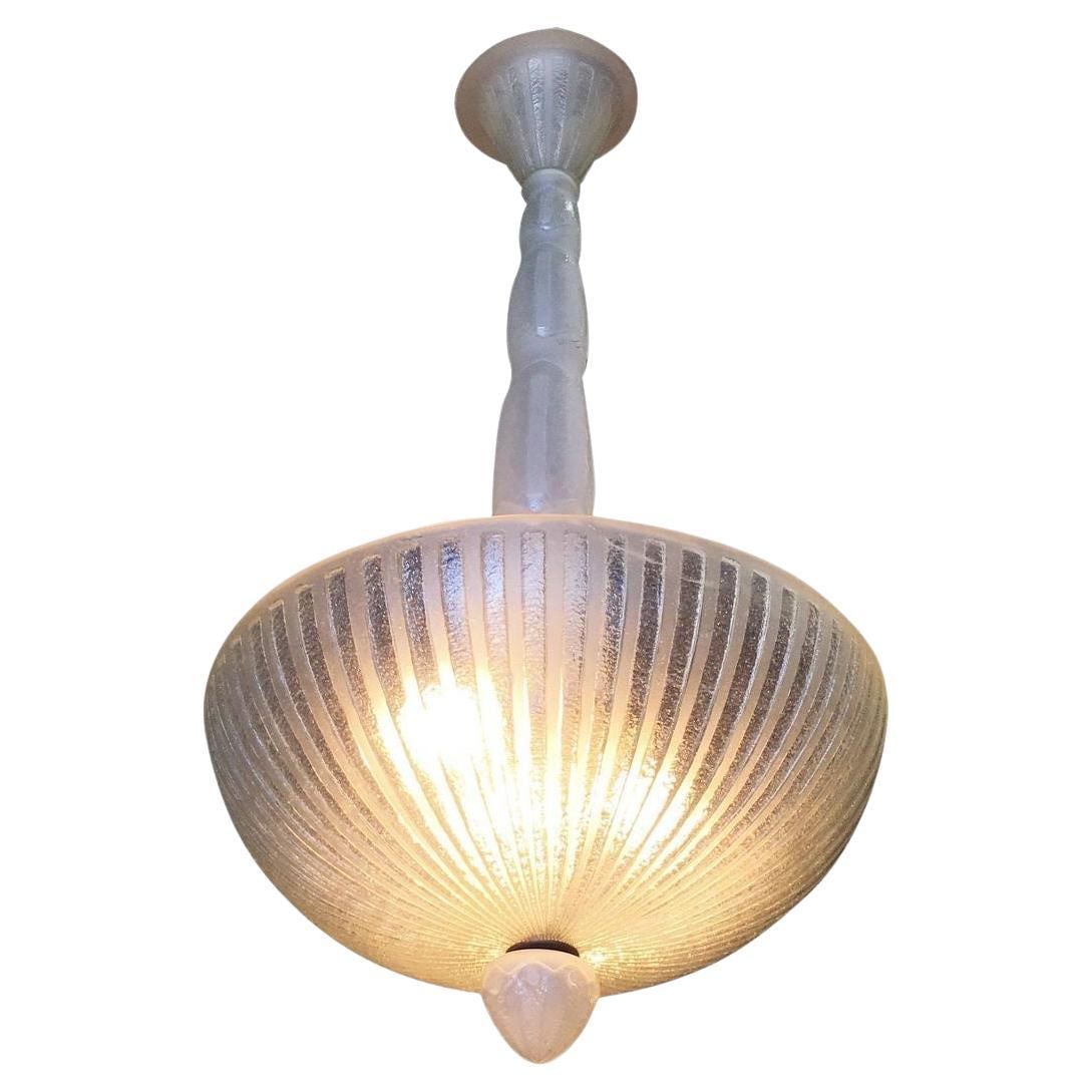 Daum Nancy Style Frosted Glass Art Deco Chandelier: Title: Daum Nancy Style Frosted Glass Art Deco Chandelier Description: High style Daum Nancy inspired frosted glass Art Deco chandelier featuring an all frosted and ribbed glass body fashioned after