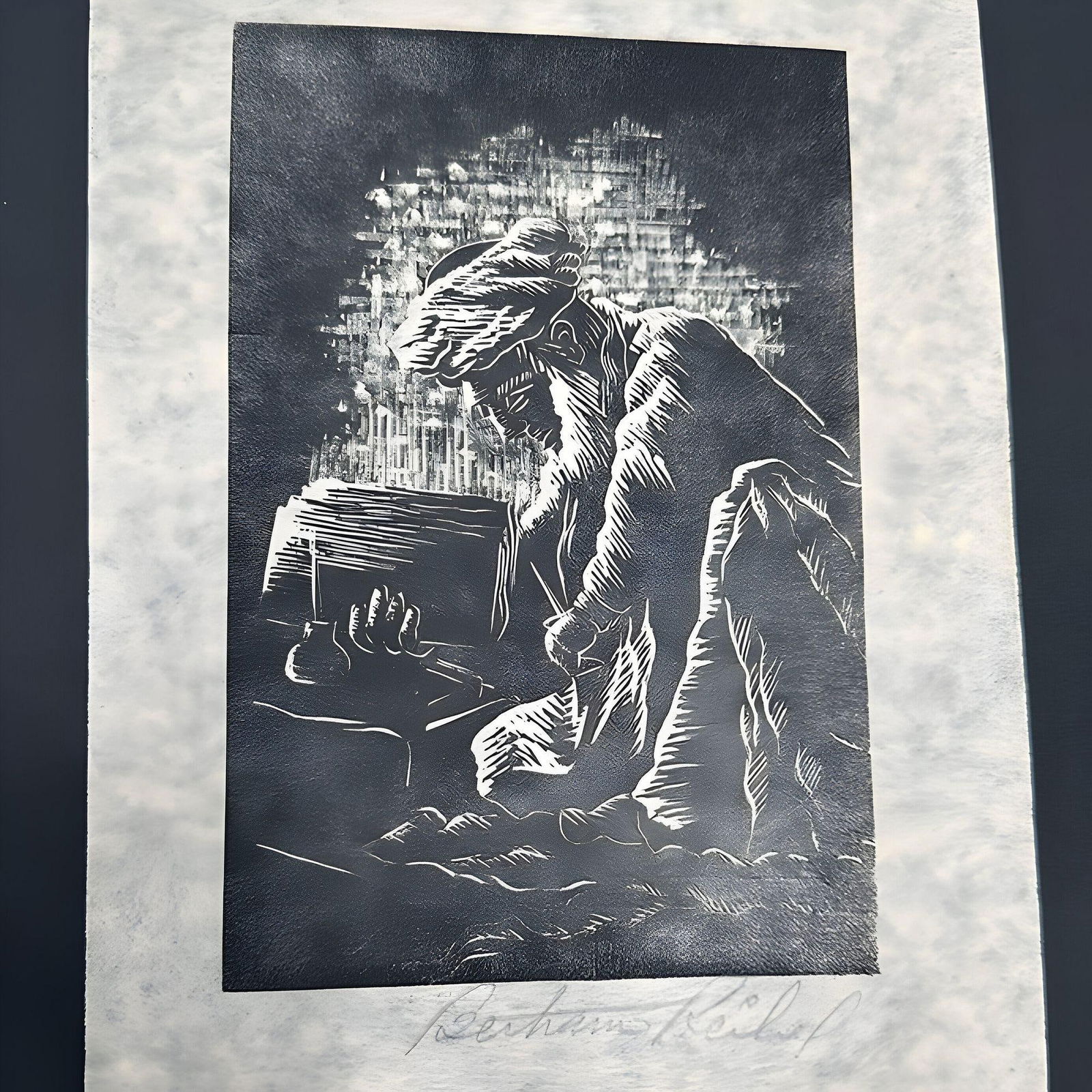 Pair of Wood Block Engraving Prints by Bertram Reibel signed in Frame - 5