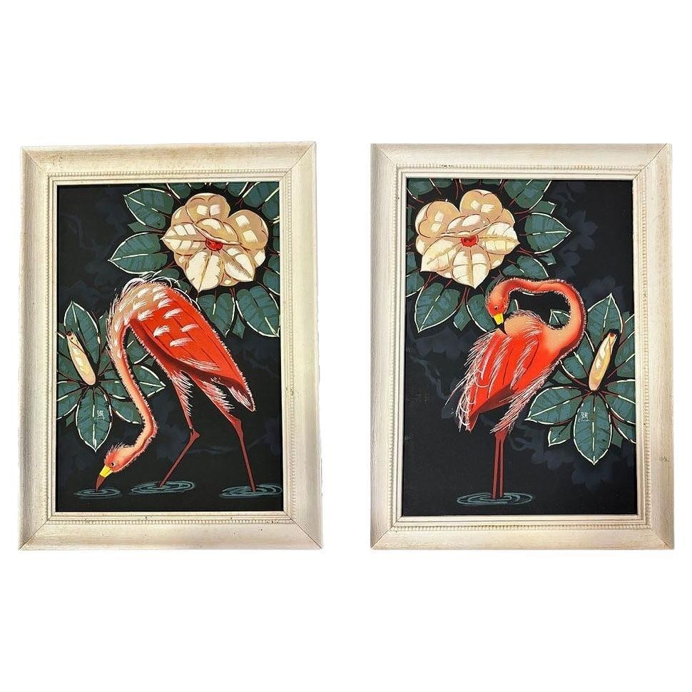 Pair of Mid Century Pink Flamingo Airbrush Prints by Billy SEAY in Frame: Title: Pair of Mid Century Pink Flamingo Airbrush Prints by Billy SEAY in Frame Description: A nice set of two airbrush prints of flowers and pink flamingos on a black background by Billy Seay. This