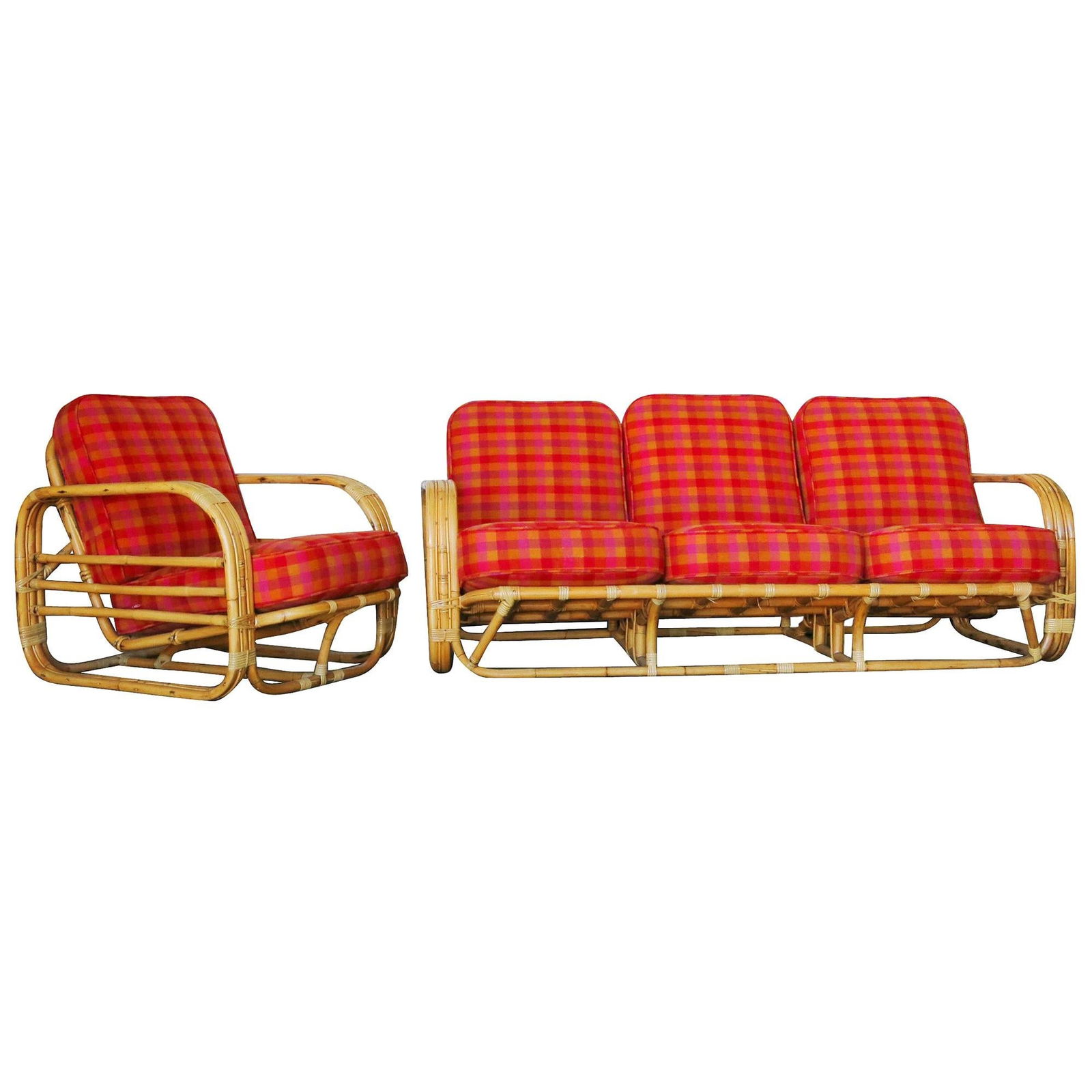 Restored Streamline Art Deco Rattan Living Room Set: Title: Restored Streamline Art Deco Rattan Living Room Set Description: Streamline Art Deco rattan living room set, which includes one lounge chair and a matching three-seat sofa. Each seat features