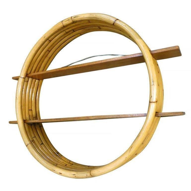 Restored Midcentury Circular Rattan Wall Shelf with Mahogany Slats - 20